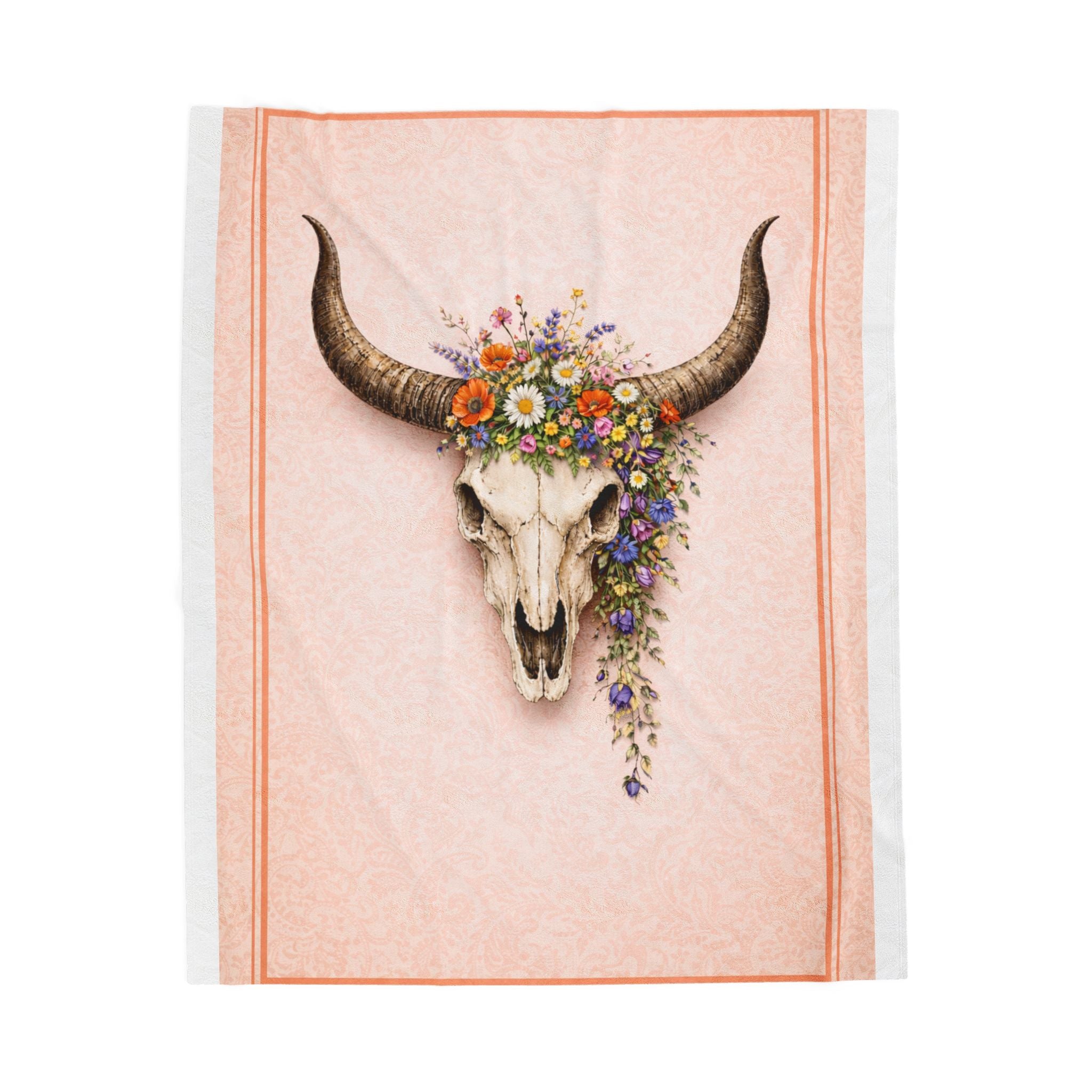 Boho Cow Skull Velveteen Plush Blanket — Floral Western Throw