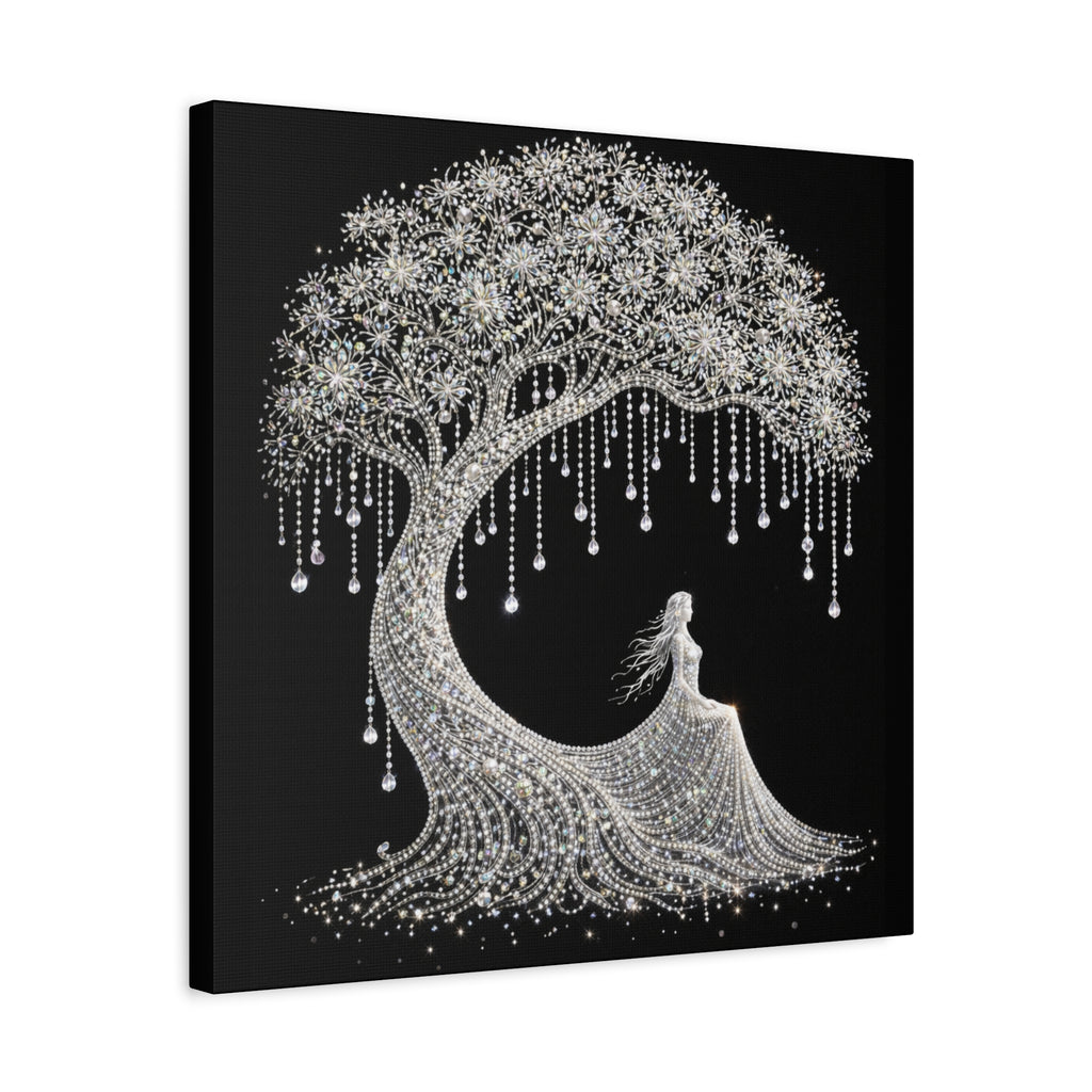 Silver Crystal Tree Canvas — Elegant Woman Under Bejeweled Tree Matte Wall Art