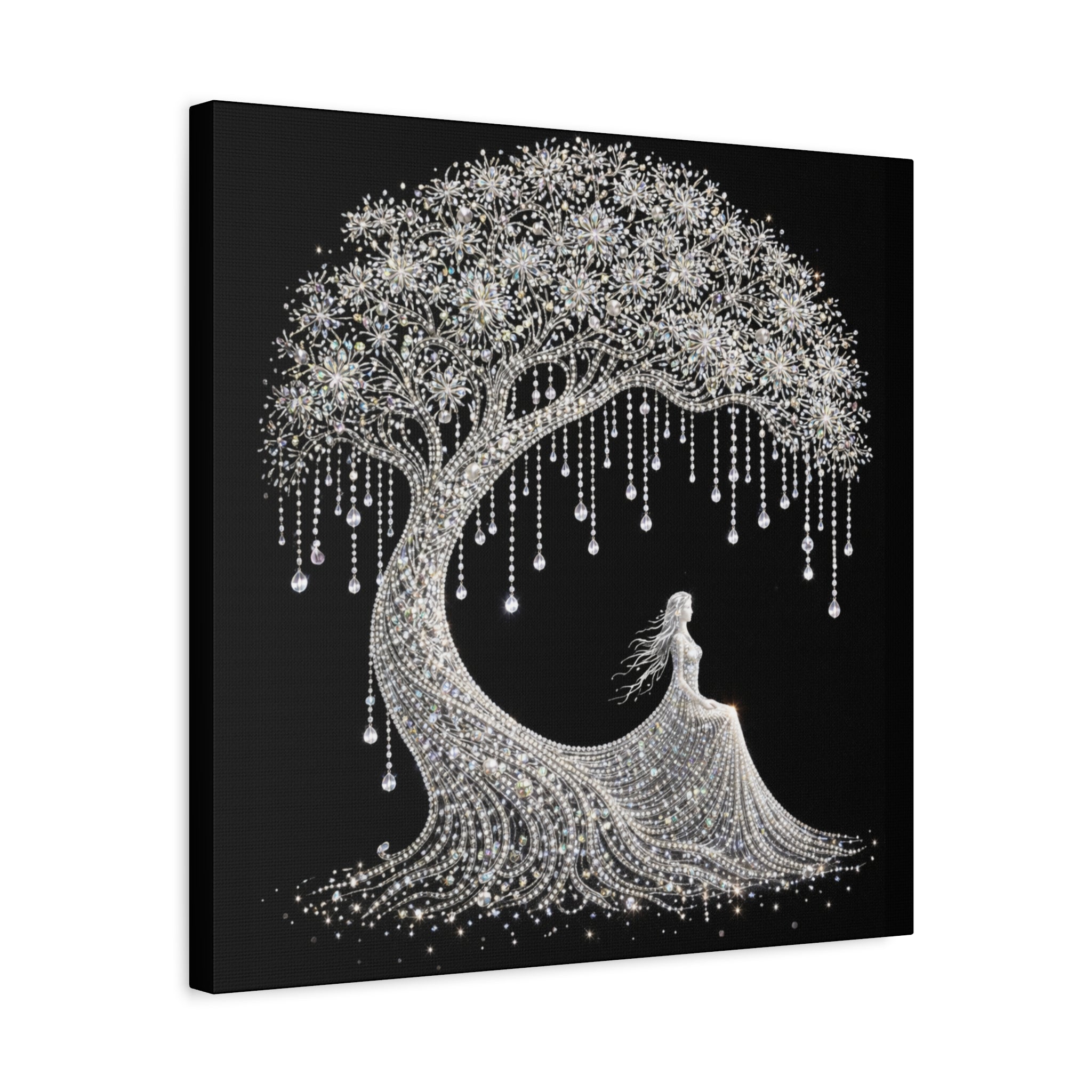 Silver Crystal Tree Canvas — Elegant Woman Under Bejeweled Tree Matte Wall Art