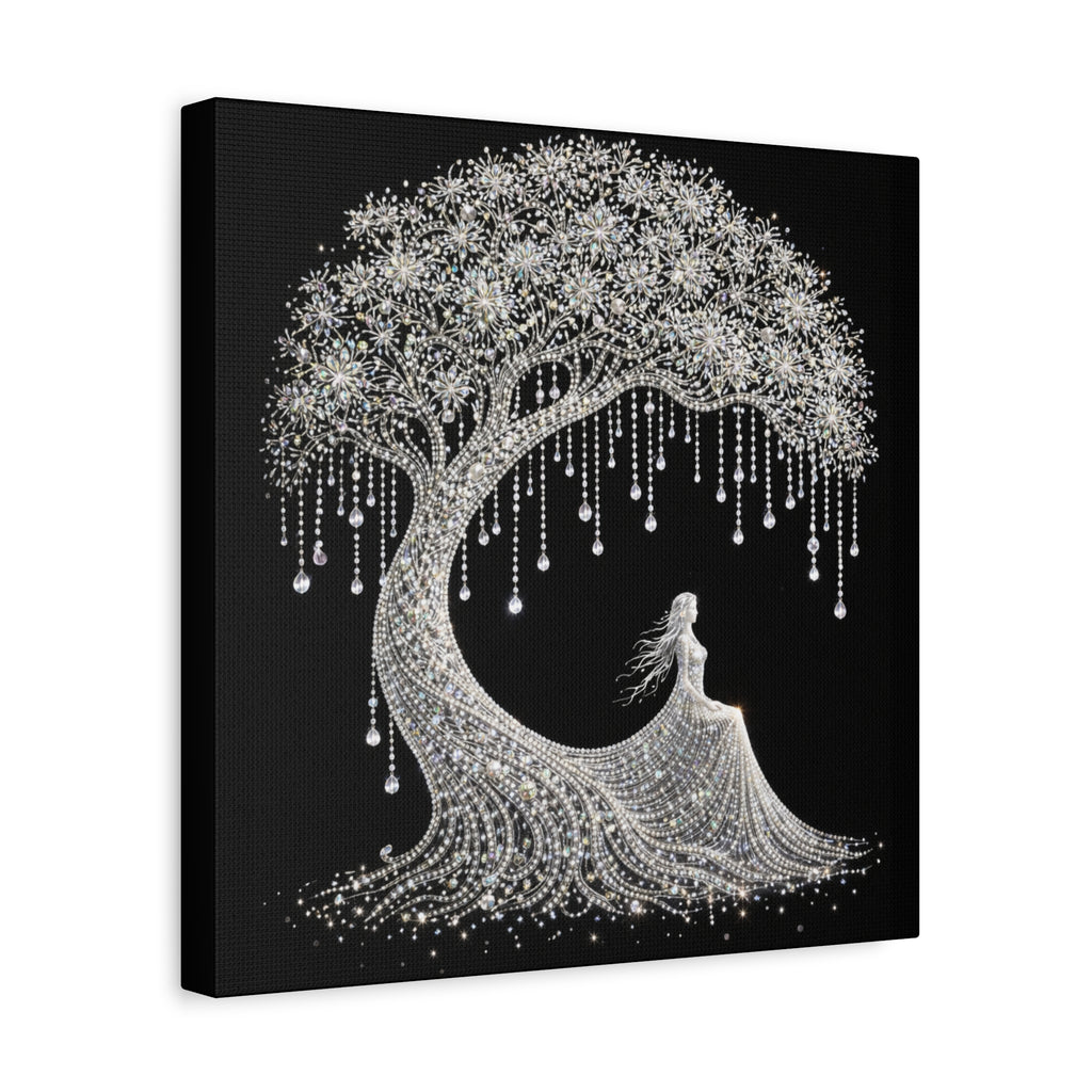 Silver Crystal Tree Canvas — Elegant Woman Under Bejeweled Tree Matte Wall Art