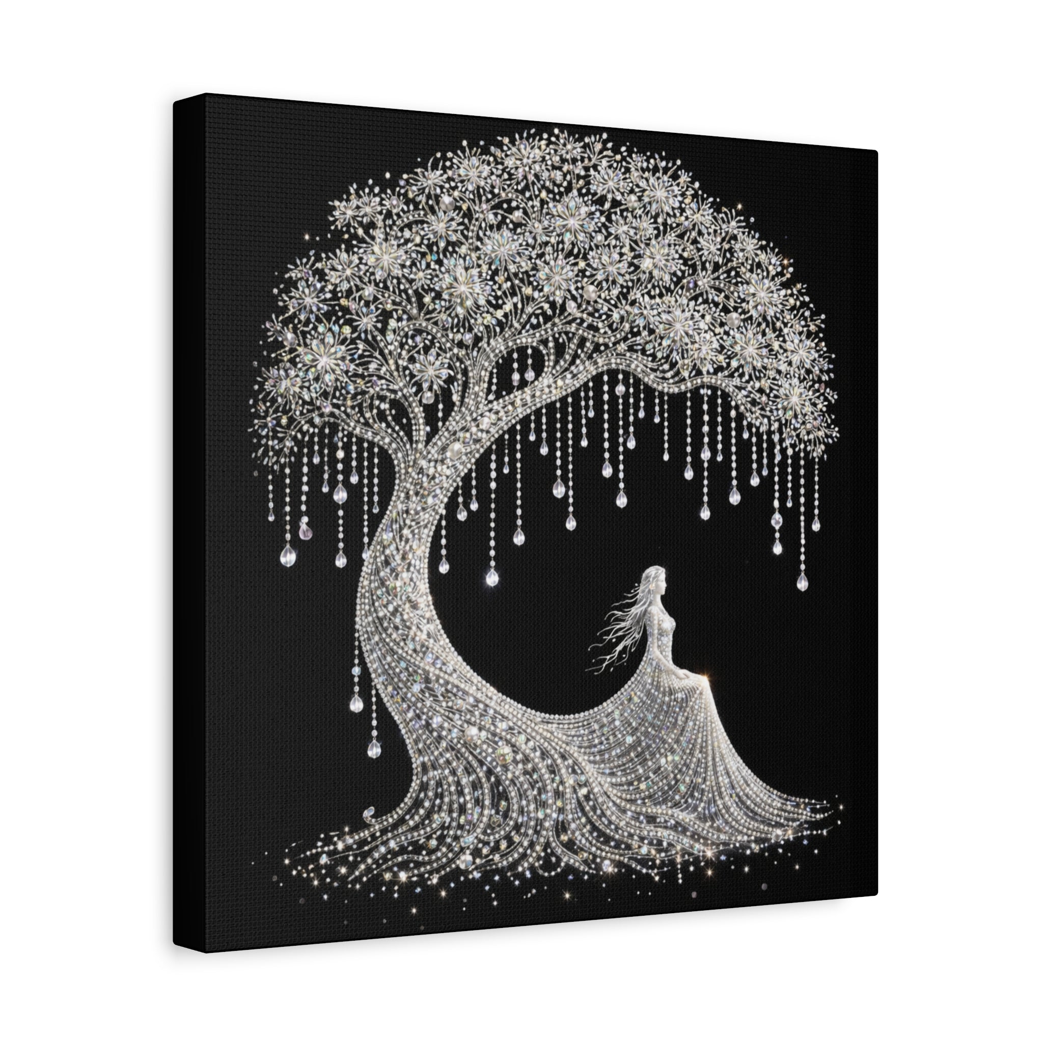 Silver Crystal Tree Canvas — Elegant Woman Under Bejeweled Tree Matte Wall Art