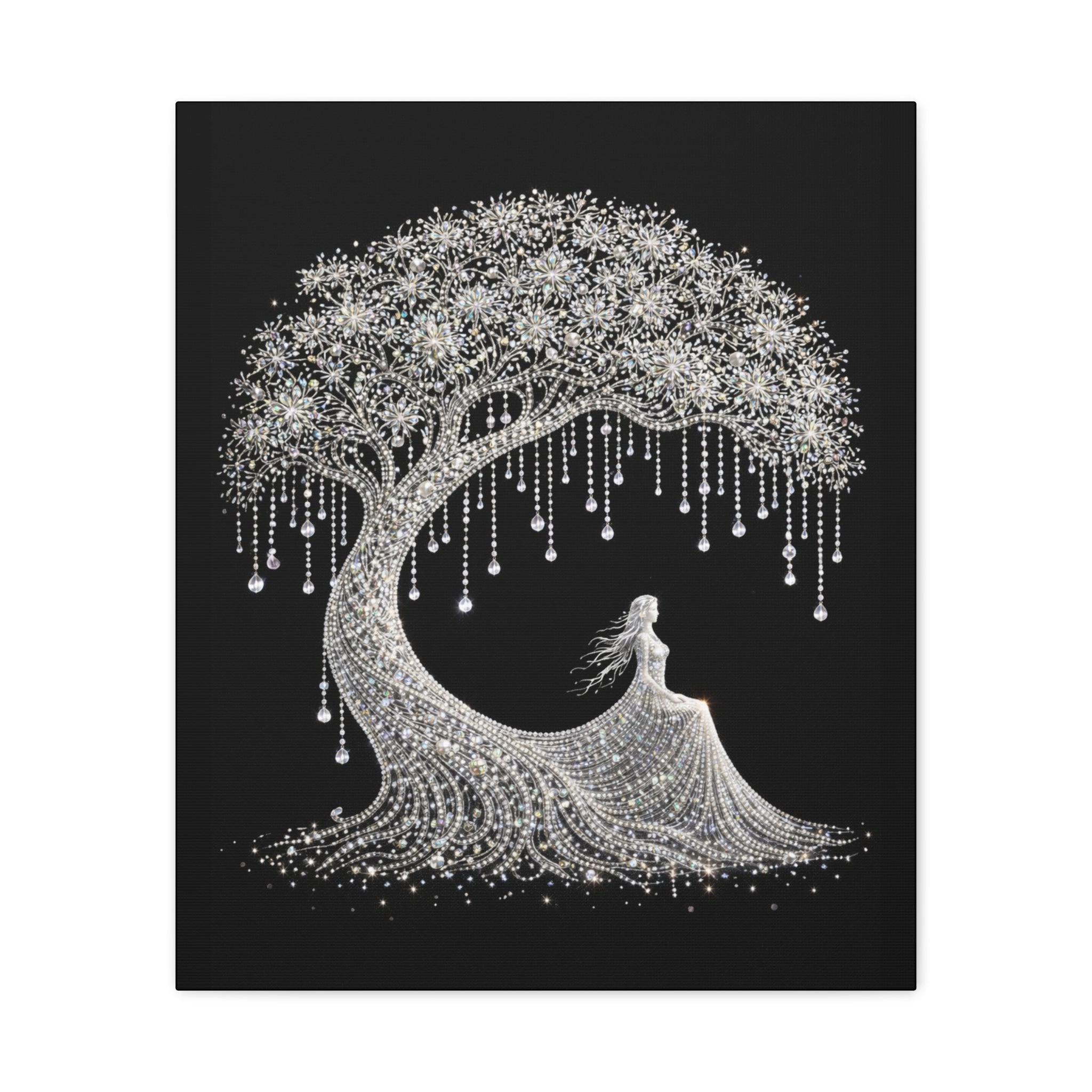 Silver Crystal Tree Canvas — Elegant Woman Under Bejeweled Tree Matte Wall Art