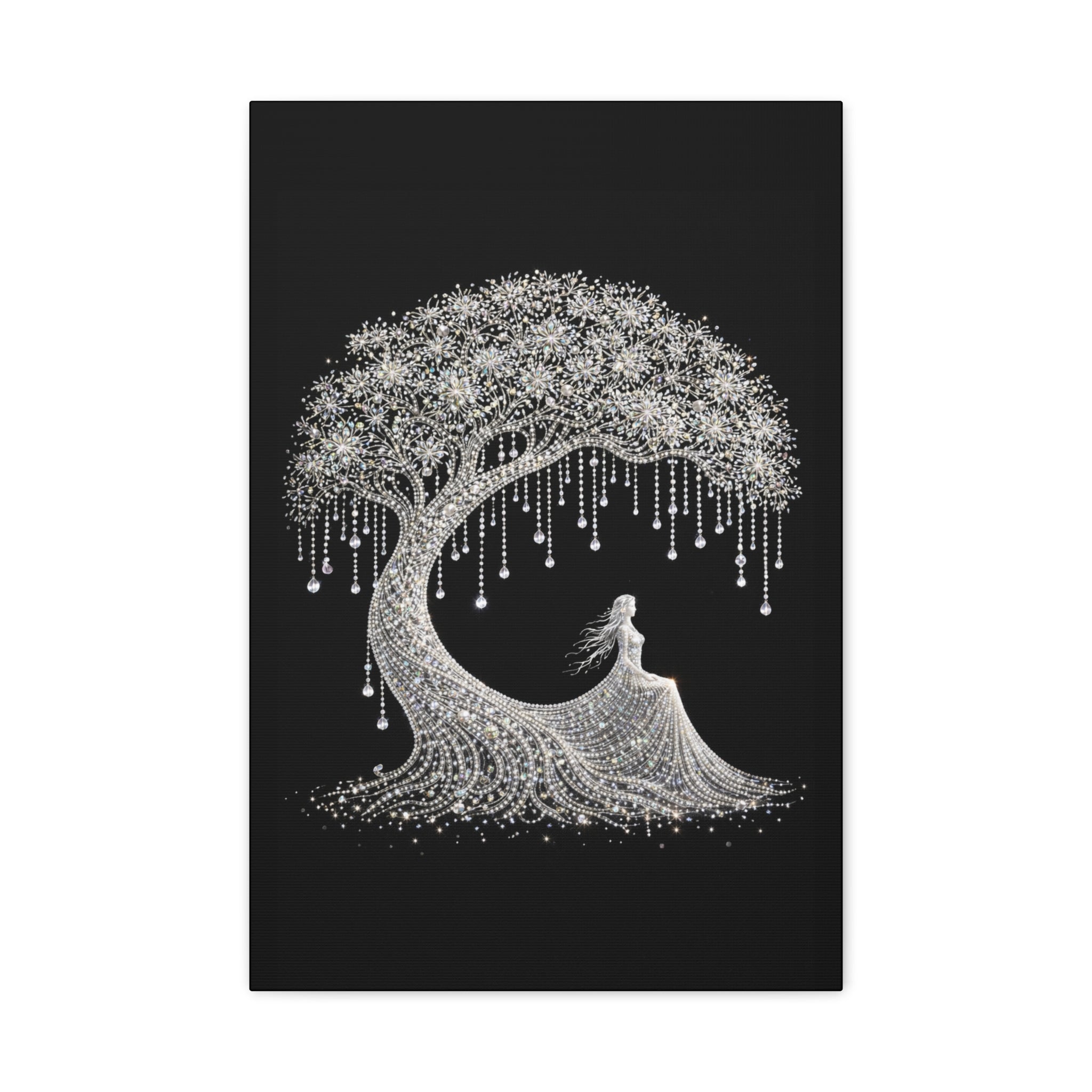 Silver Crystal Tree Canvas — Elegant Woman Under Bejeweled Tree Matte Wall Art