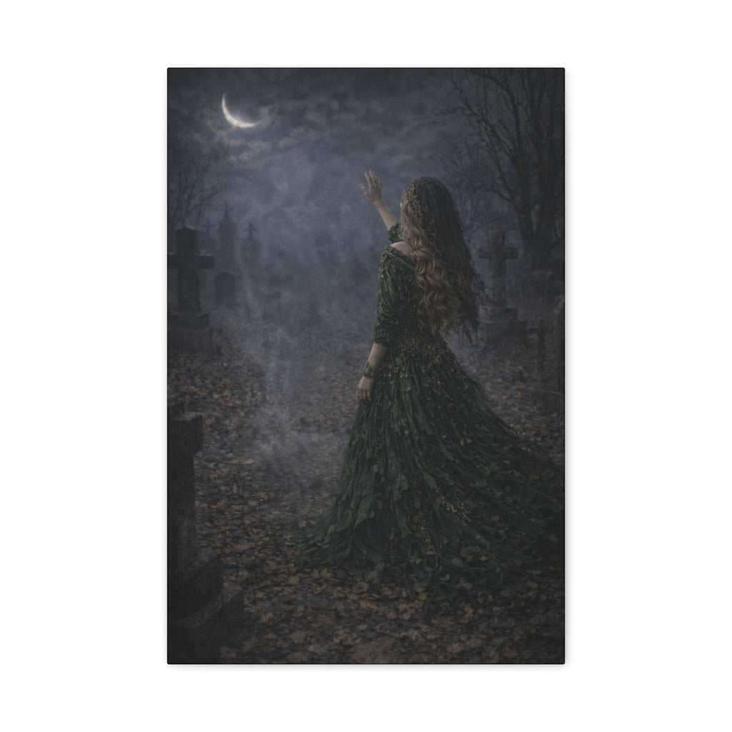 Gothic Moonlight Canvas Print – Witch in Graveyard Wall Art