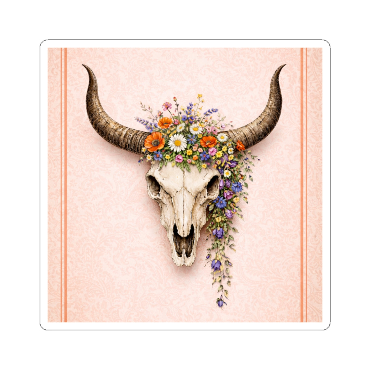 Floral Bull Skull Kiss-Cut Sticker — Boho Western Laptop Decal