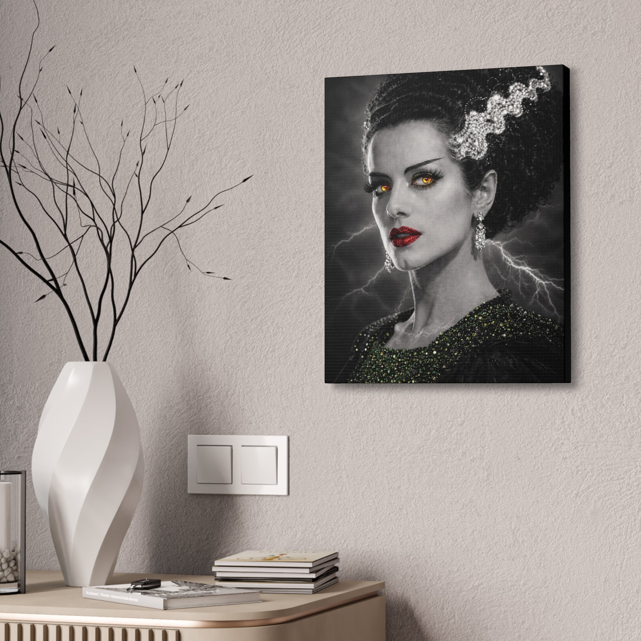 Gothic Lightning Bride Canvas Art — Dramatic Portrait with Gold Eyes