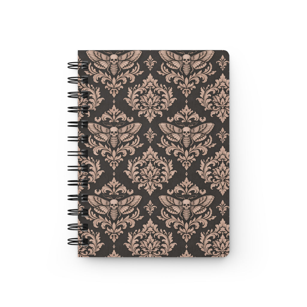 Gothic Moth Damask Spiral Journal — Vintage Skull Pattern Notebook