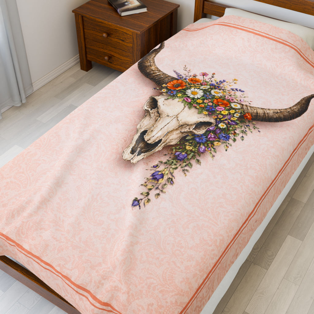 Boho Cow Skull Velveteen Plush Blanket — Floral Western Throw