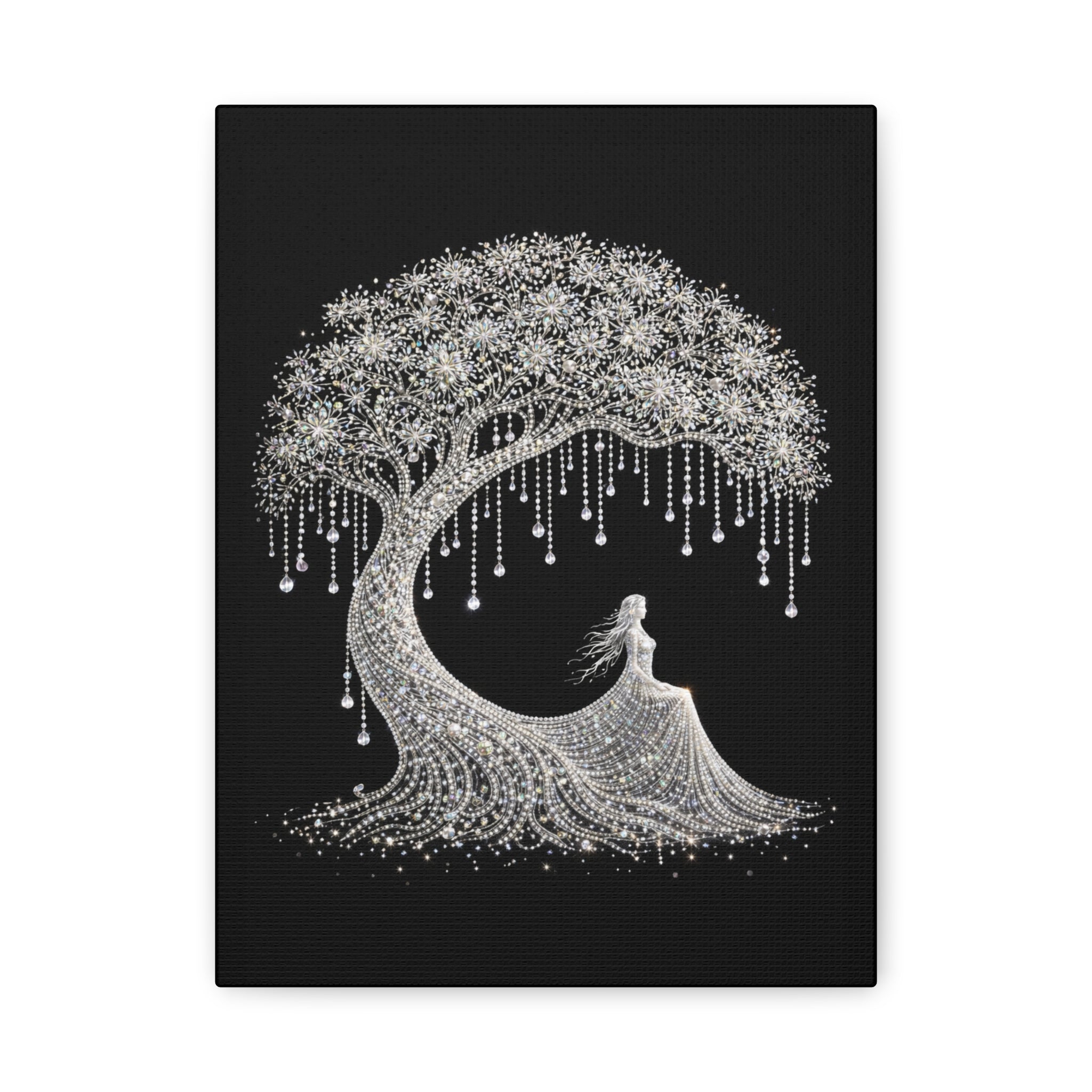 Silver Crystal Tree Canvas — Elegant Woman Under Bejeweled Tree Matte Wall Art