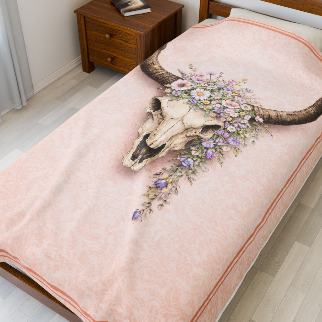Boho Bull Skull Floral Velveteen Plush Blanket — Soft Southwestern Throw for Bedroom & Living Room