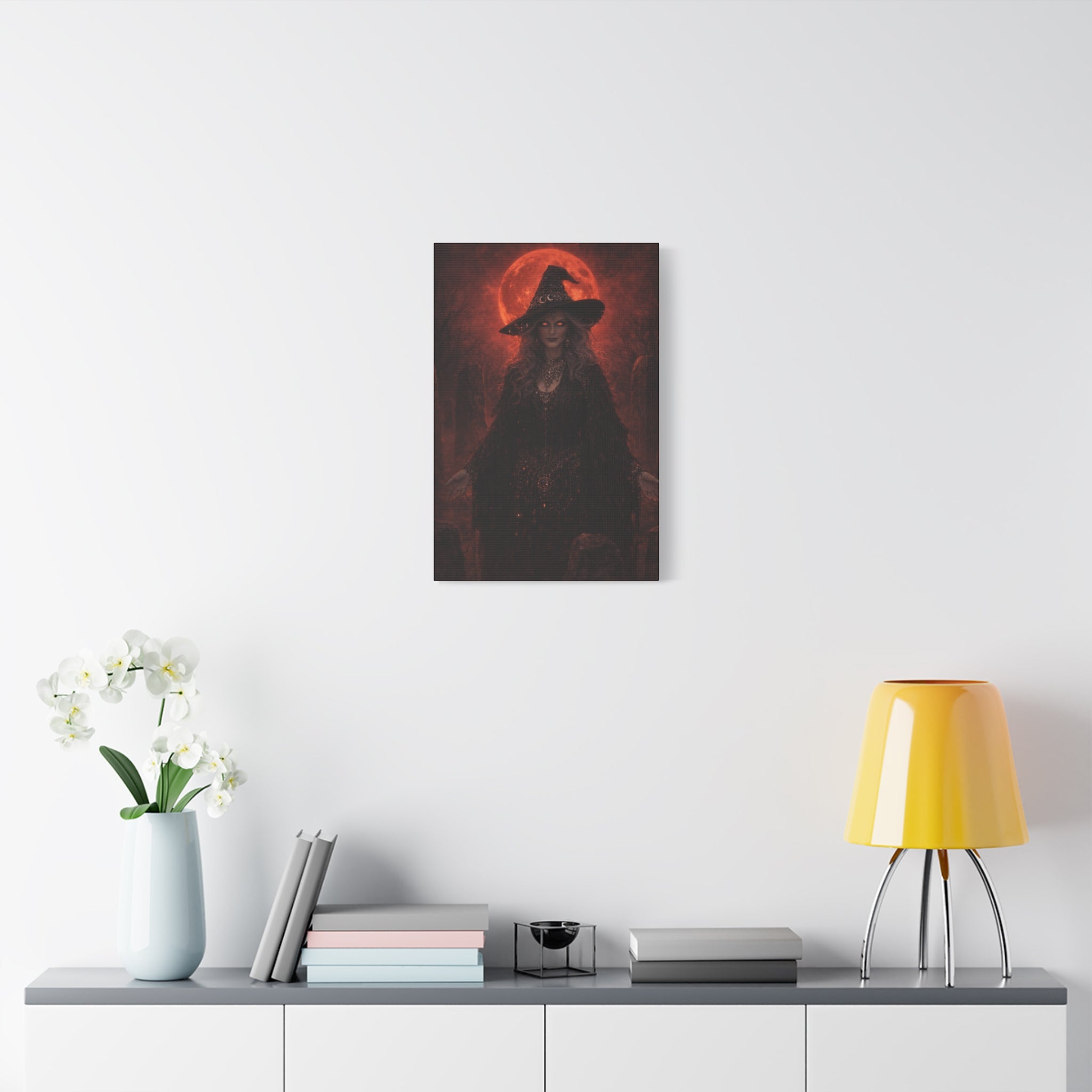 Eerie Witch Canvas Wall Art — Gothic Red Moon Stretched Matte Print