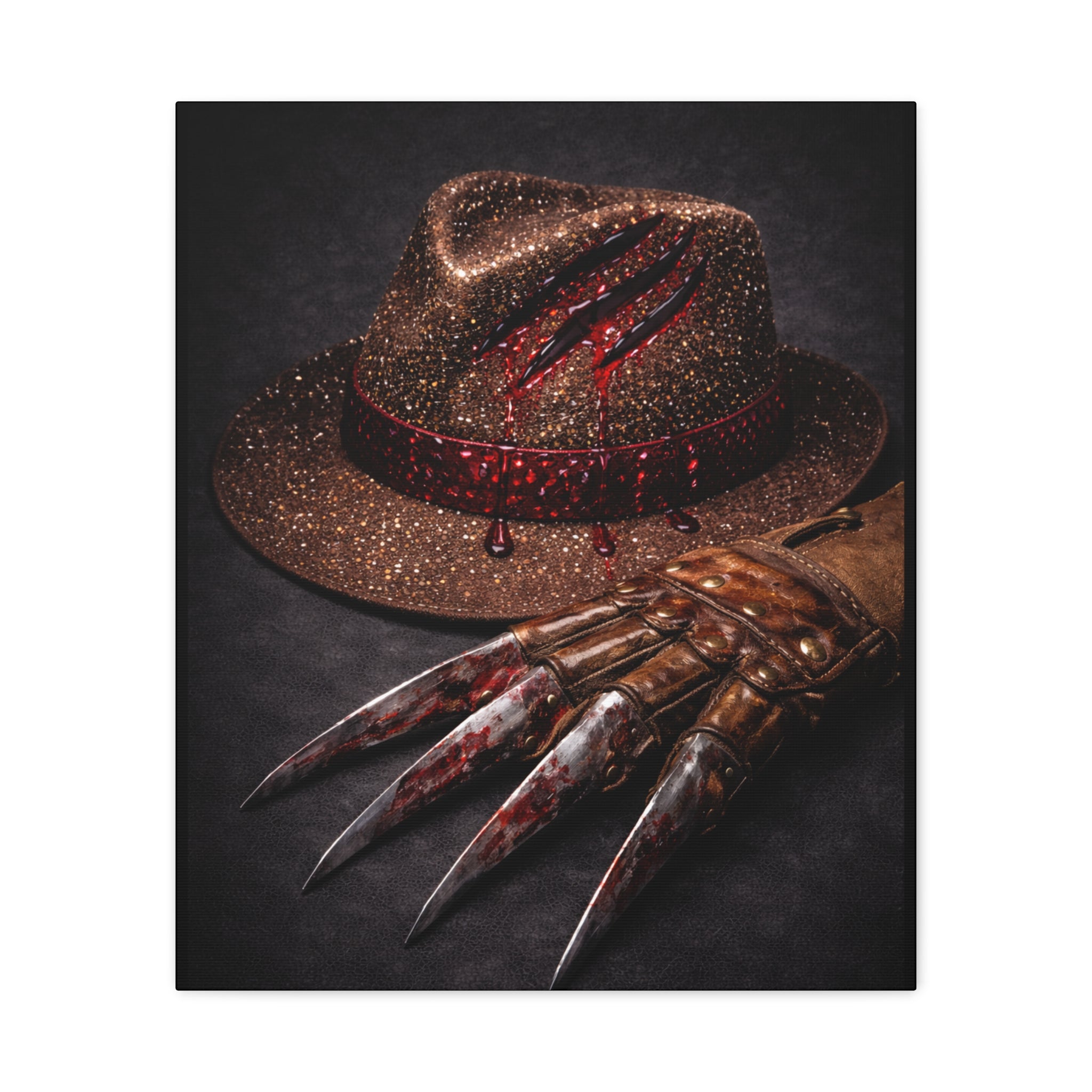 Horror Wall Art Canvas — Glove & Bloody Fedora Matte Stretched Print