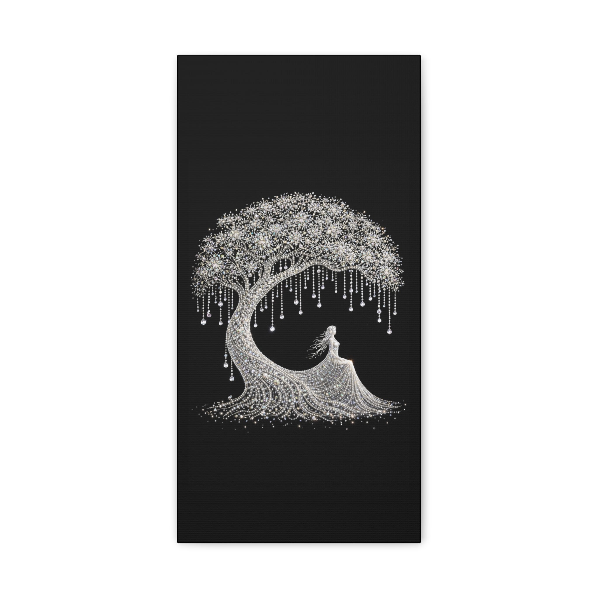 Silver Crystal Tree Canvas — Elegant Woman Under Bejeweled Tree Matte Wall Art