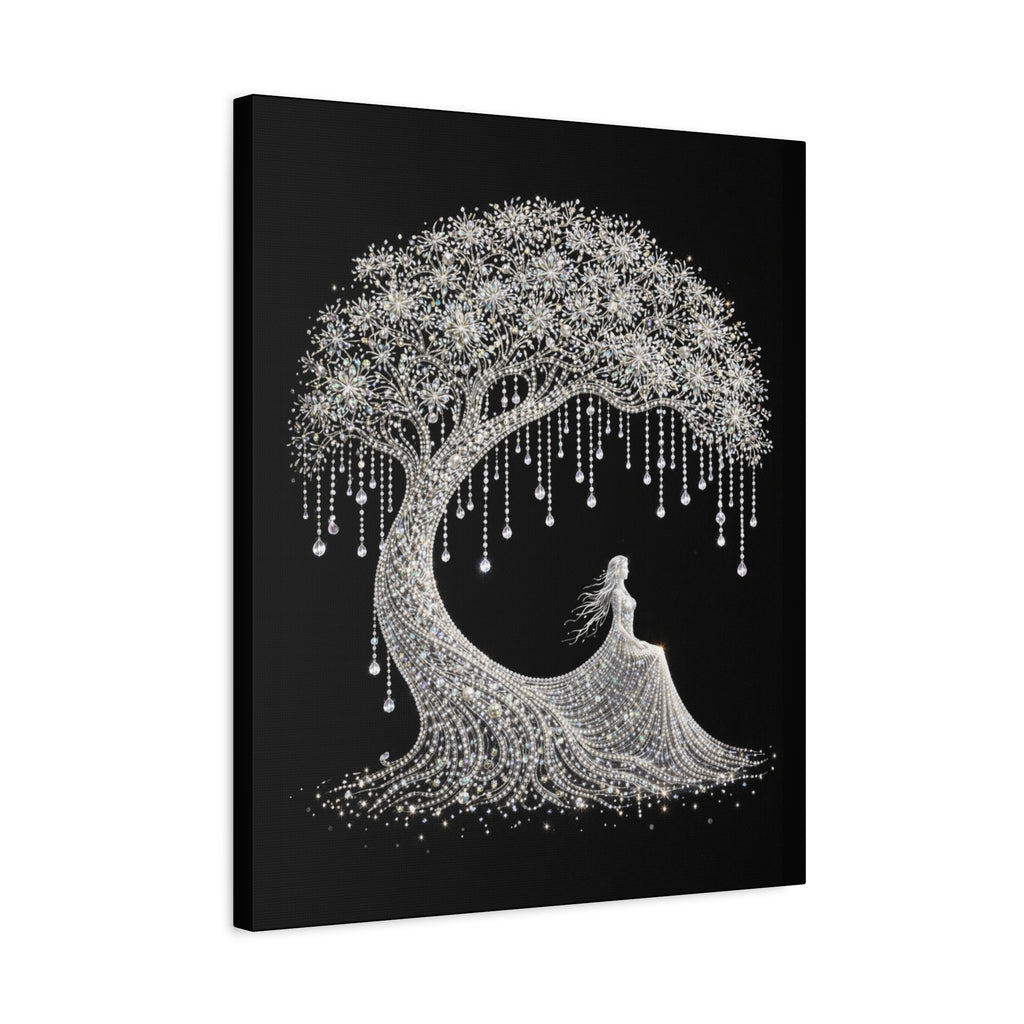 Silver Crystal Tree Canvas — Elegant Woman Under Bejeweled Tree Matte Wall Art