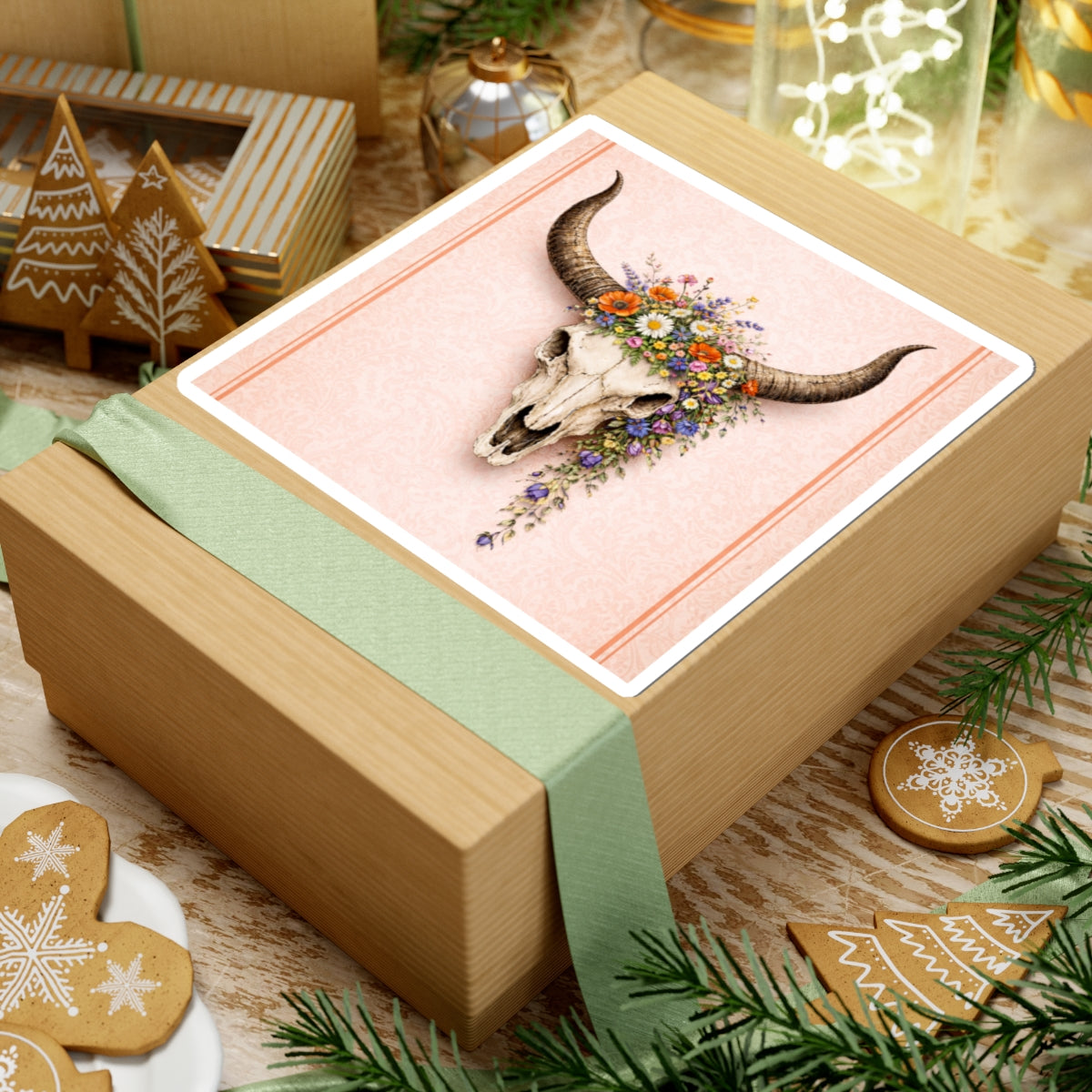 Floral Bull Skull Kiss-Cut Sticker — Boho Western Laptop Decal