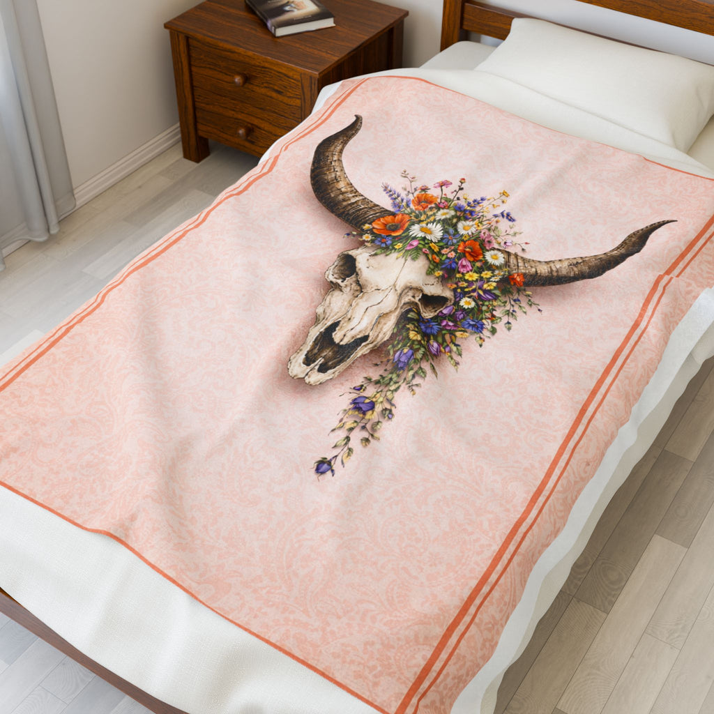 Boho Cow Skull Velveteen Plush Blanket — Floral Western Throw