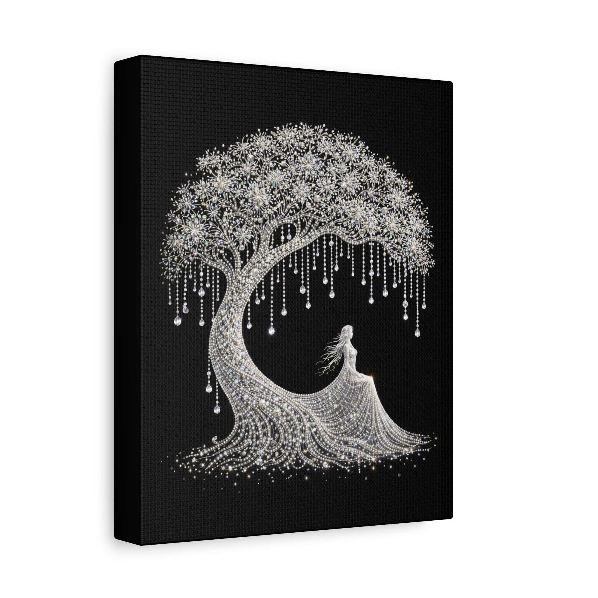 Silver Crystal Tree Canvas — Elegant Woman Under Bejeweled Tree Matte Wall Art