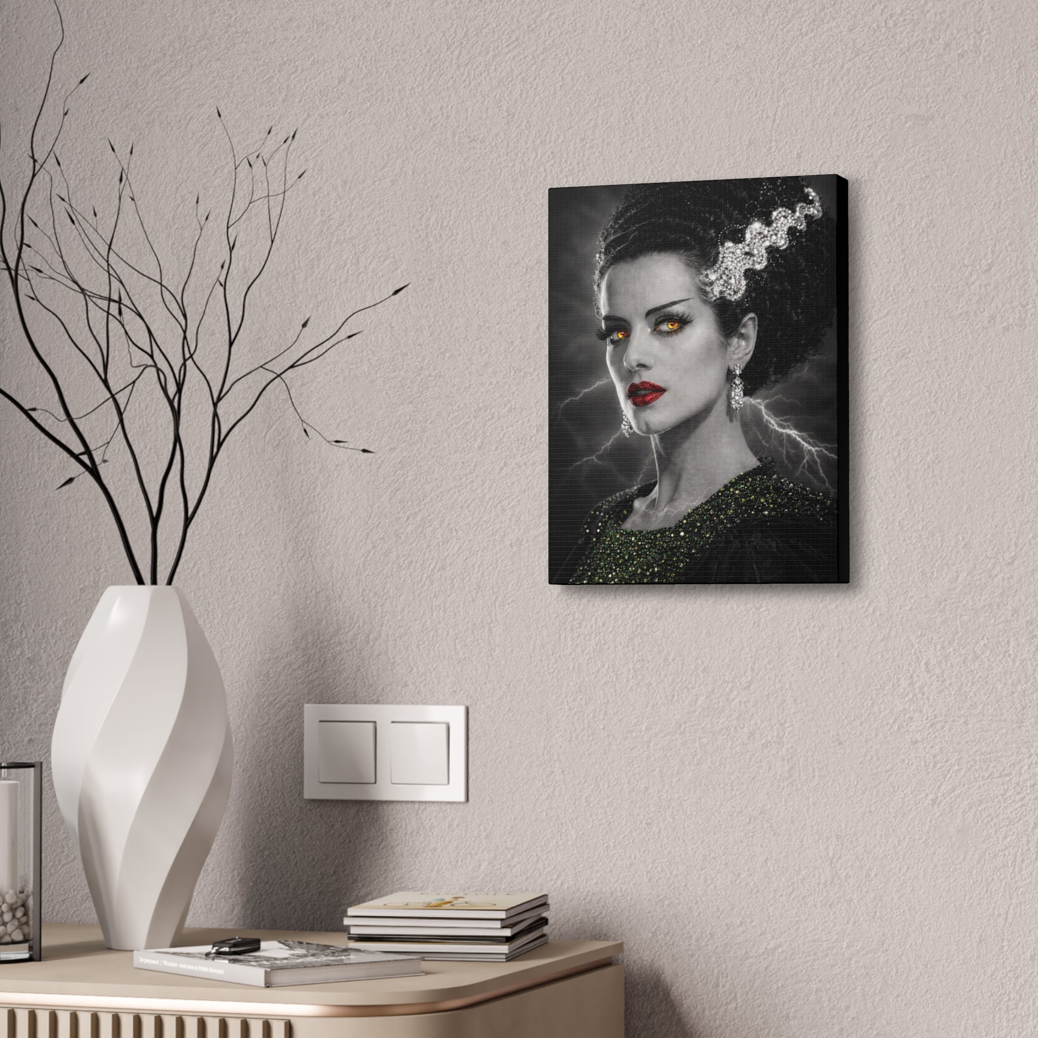 Gothic Lightning Bride Canvas Art — Dramatic Portrait with Gold Eyes