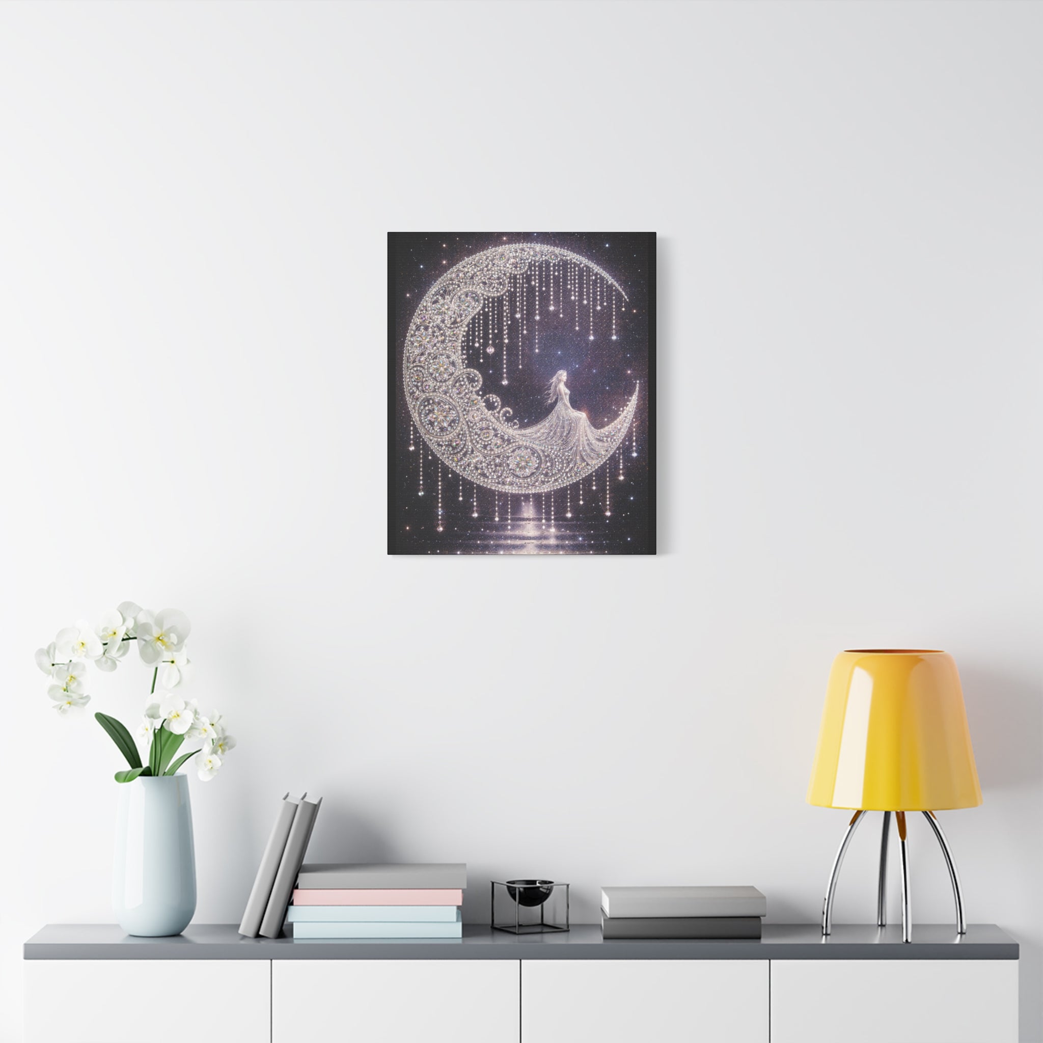 Moonlit Goddess Canvas Wall Art — Boho Crescent Moon Starlight Print
