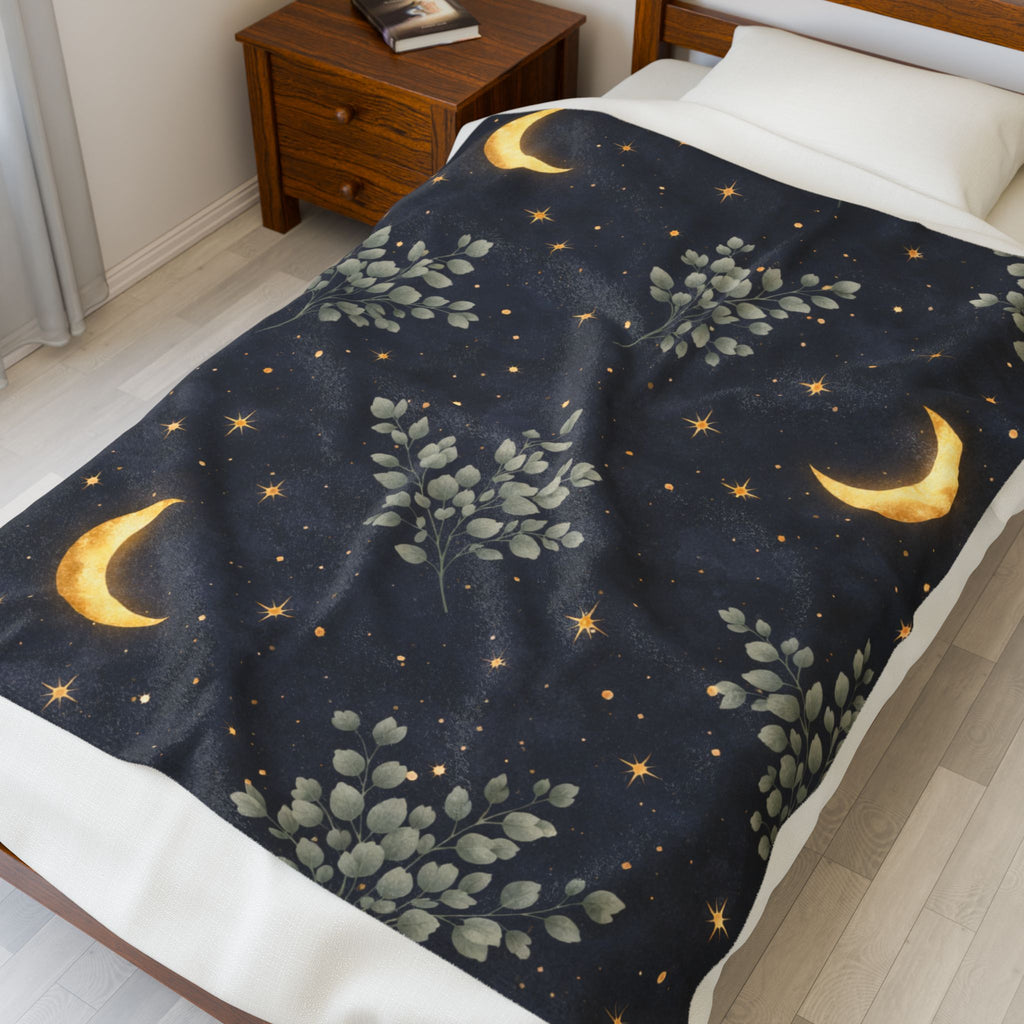 Moonlit Garden Velveteen Plush Blanket — Night Sky Crescent Moon & Foliage Throw