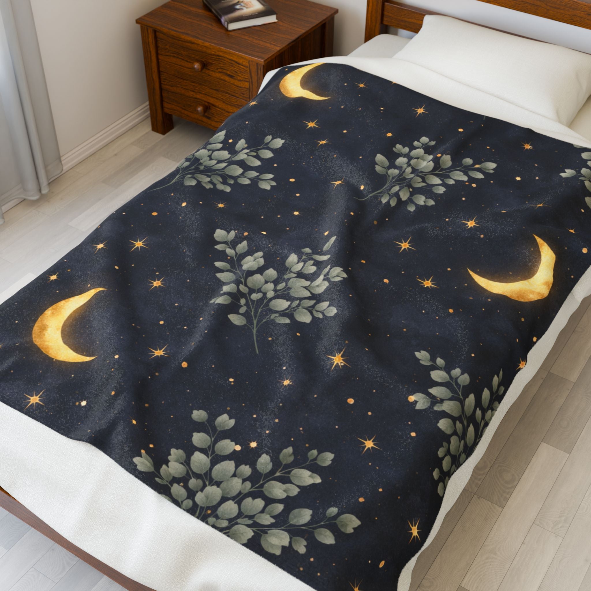 Moonlit Garden Velveteen Plush Blanket — Night Sky Crescent Moon & Foliage Throw