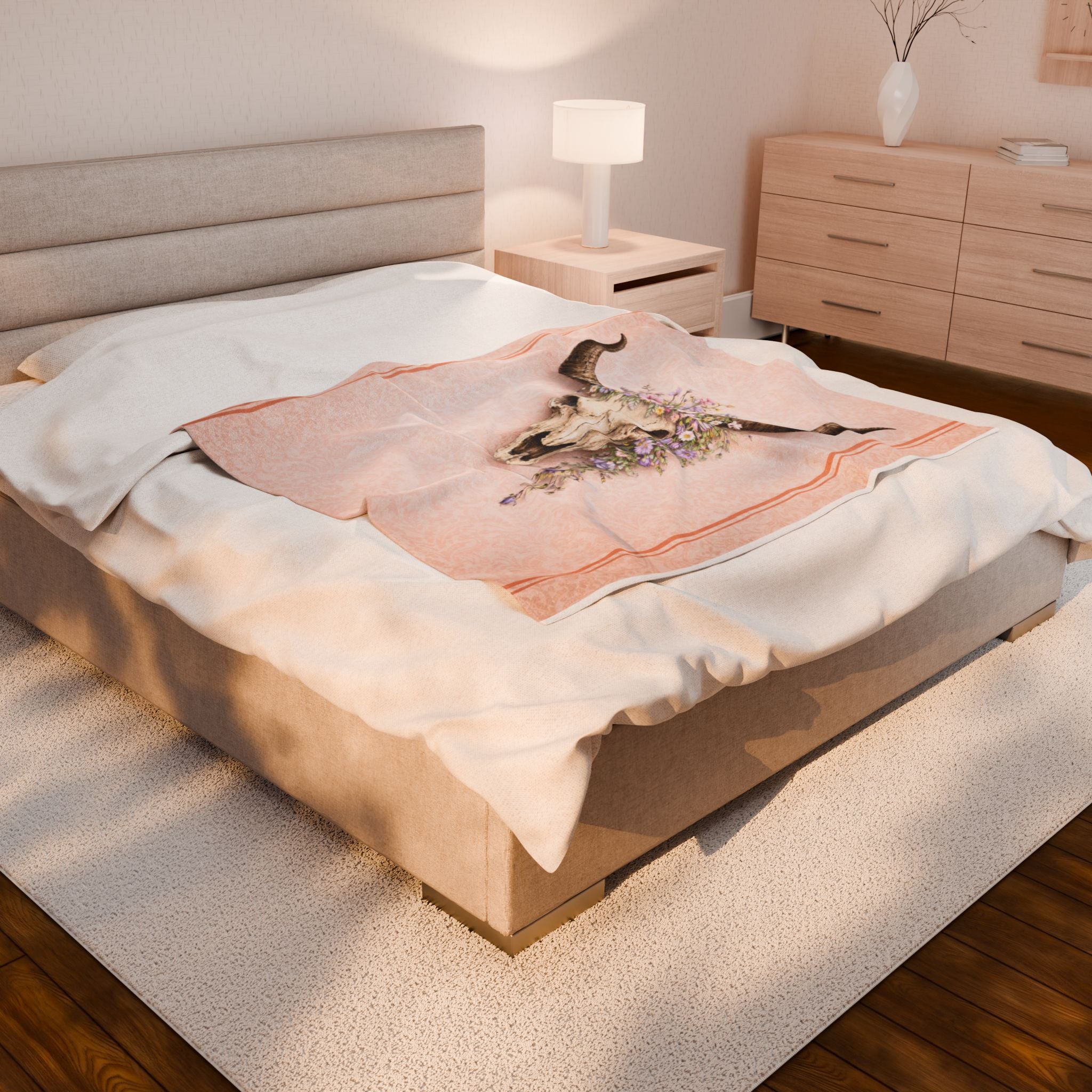 Boho Bull Skull Floral Velveteen Plush Blanket — Soft Southwestern Throw for Bedroom & Living Room