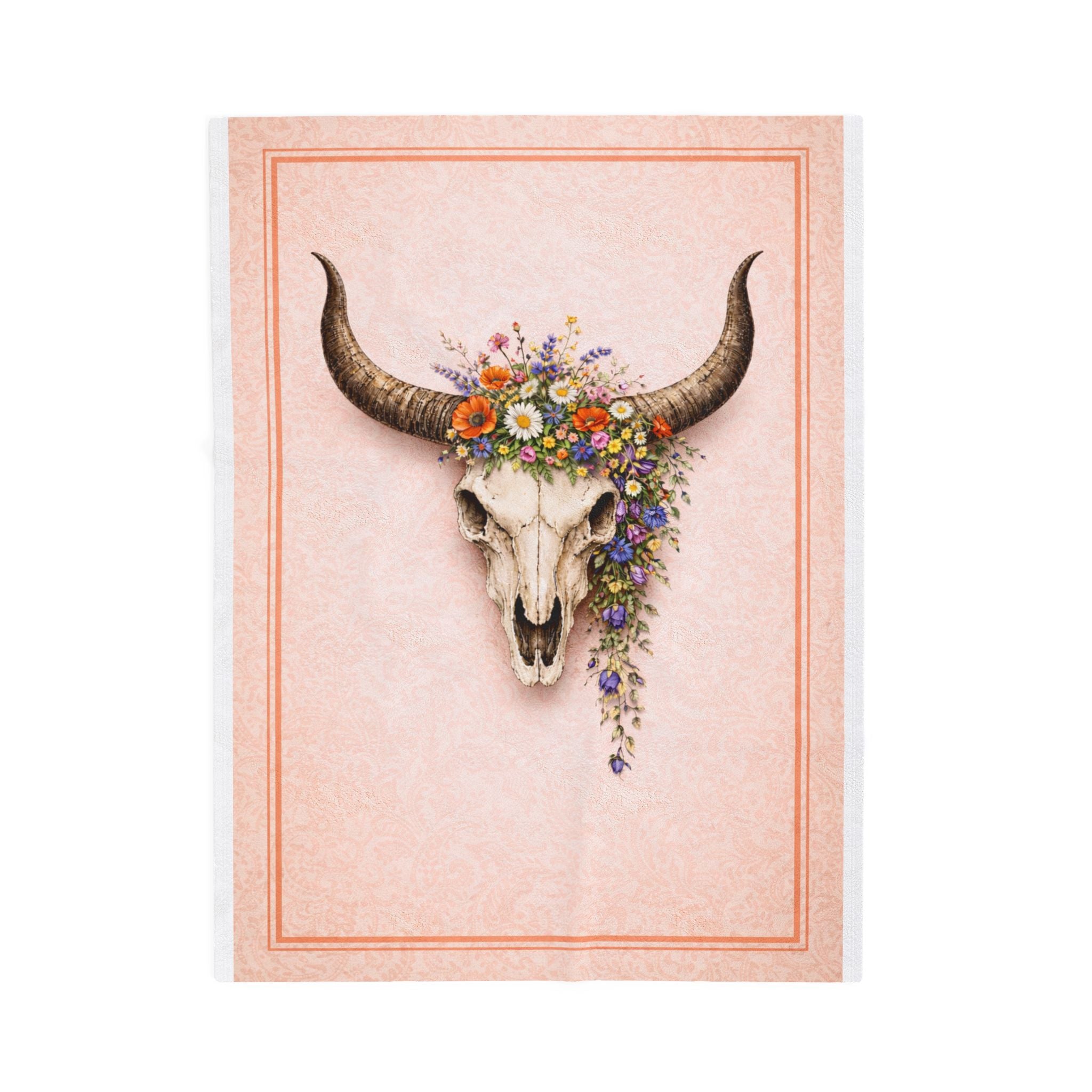 Boho Cow Skull Velveteen Plush Blanket — Floral Western Throw