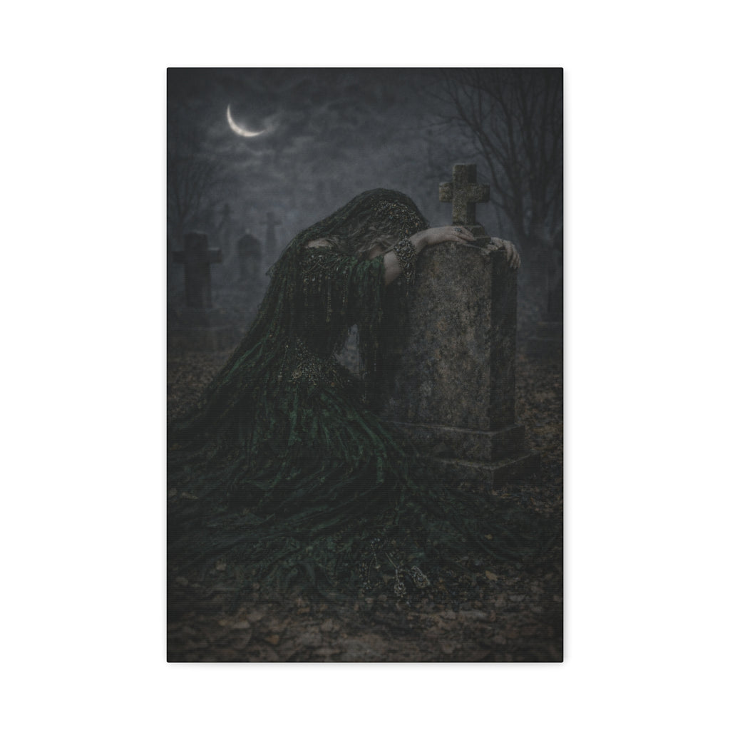 Mourning Angel Graveyard Canvas Print — Dark Gothic Cemetery Wall Art