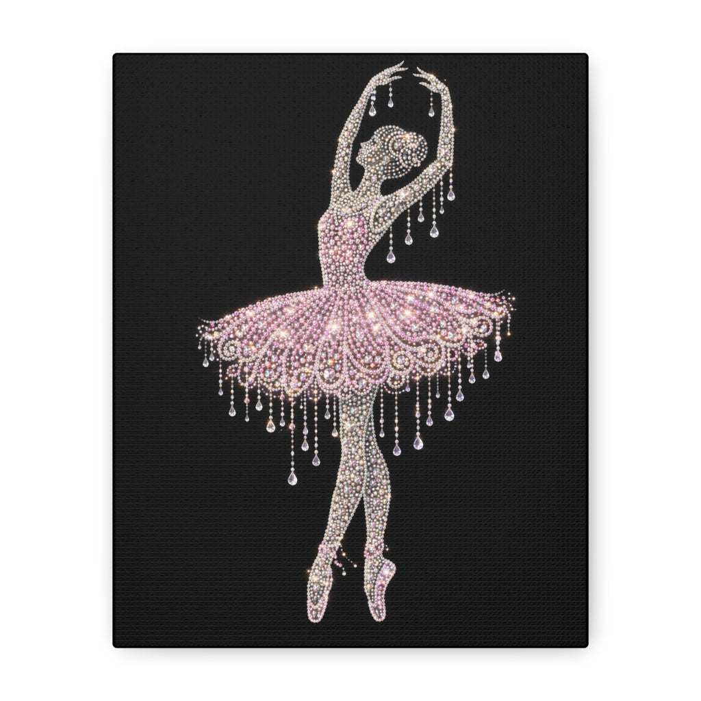 Ballet Dancer Sparkle Matte Canvas Wall Art — Pink Rhinestone Ballerina on Black