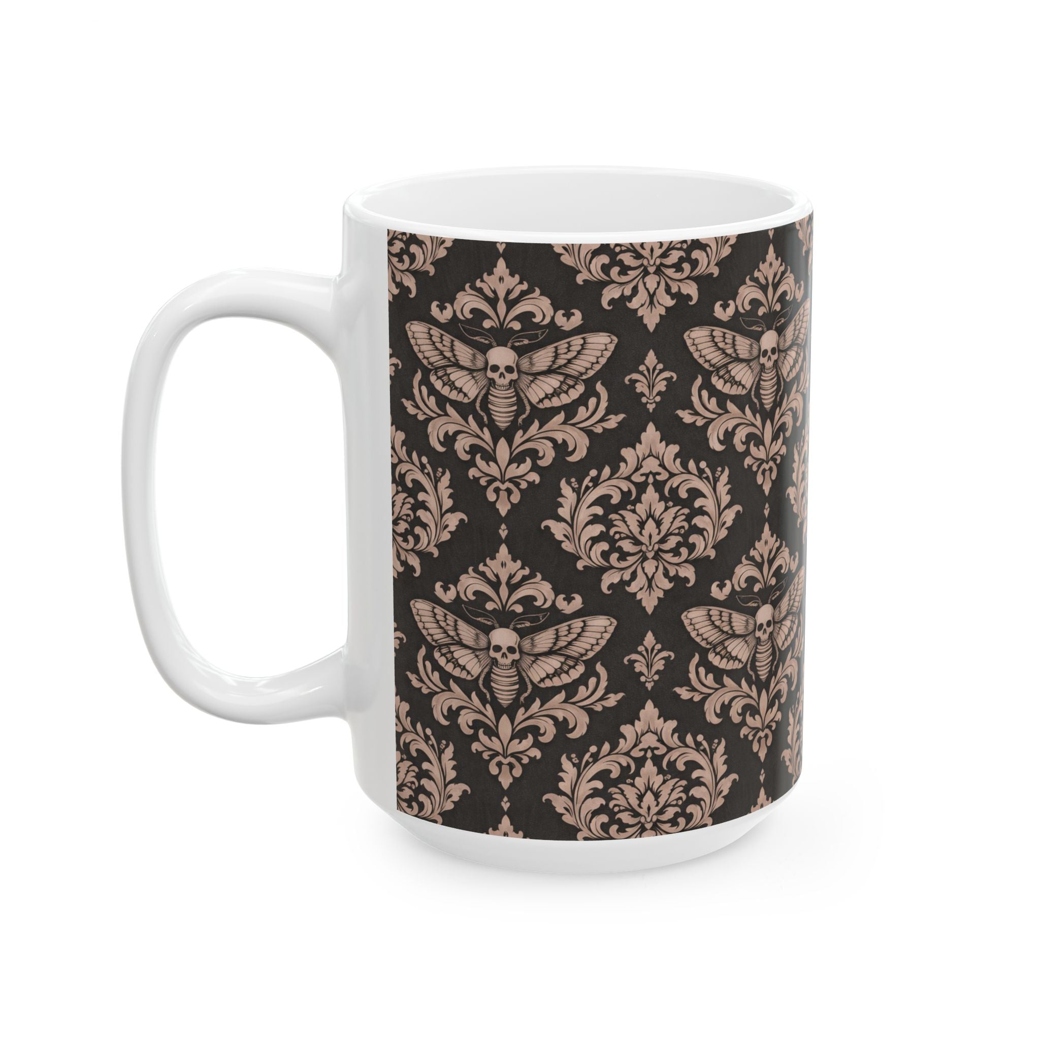 Gothic Moth Damask Ceramic Mug – Vintage Victorian Pattern Coffee Cup (11oz, 15oz)