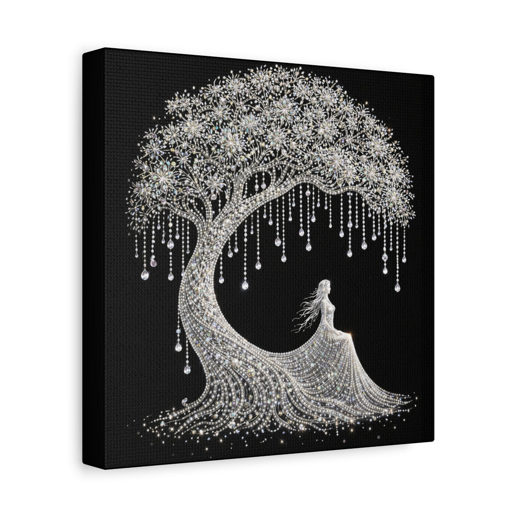 Silver Crystal Tree Canvas — Elegant Woman Under Bejeweled Tree Matte Wall Art