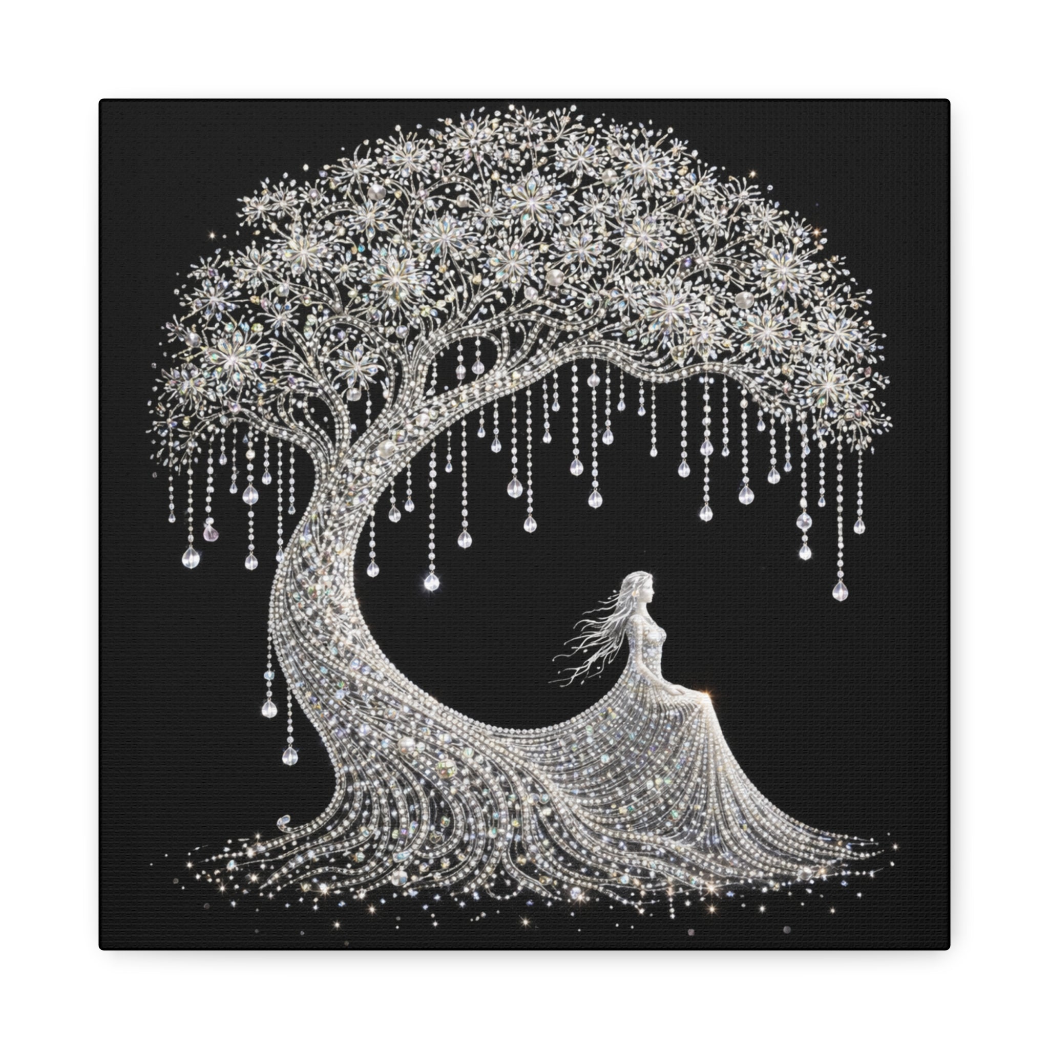 Silver Crystal Tree Canvas — Elegant Woman Under Bejeweled Tree Matte Wall Art