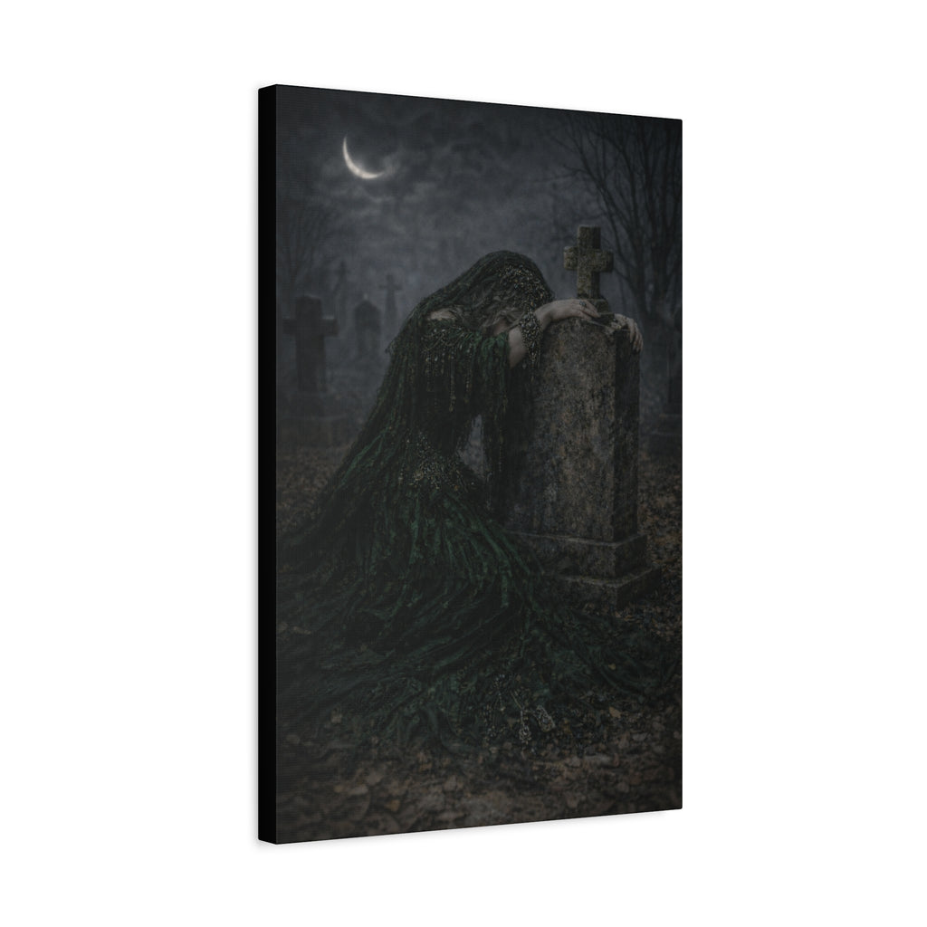 Mourning Angel Graveyard Canvas Print — Dark Gothic Cemetery Wall Art