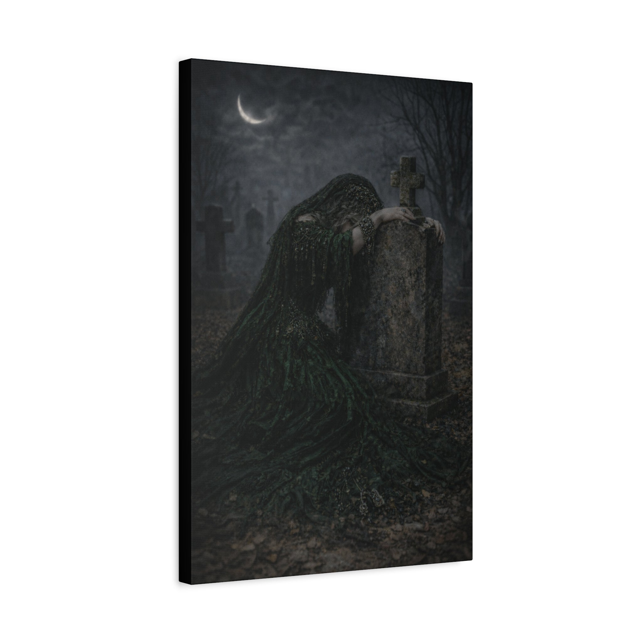 Mourning Angel Graveyard Canvas Print — Dark Gothic Cemetery Wall Art